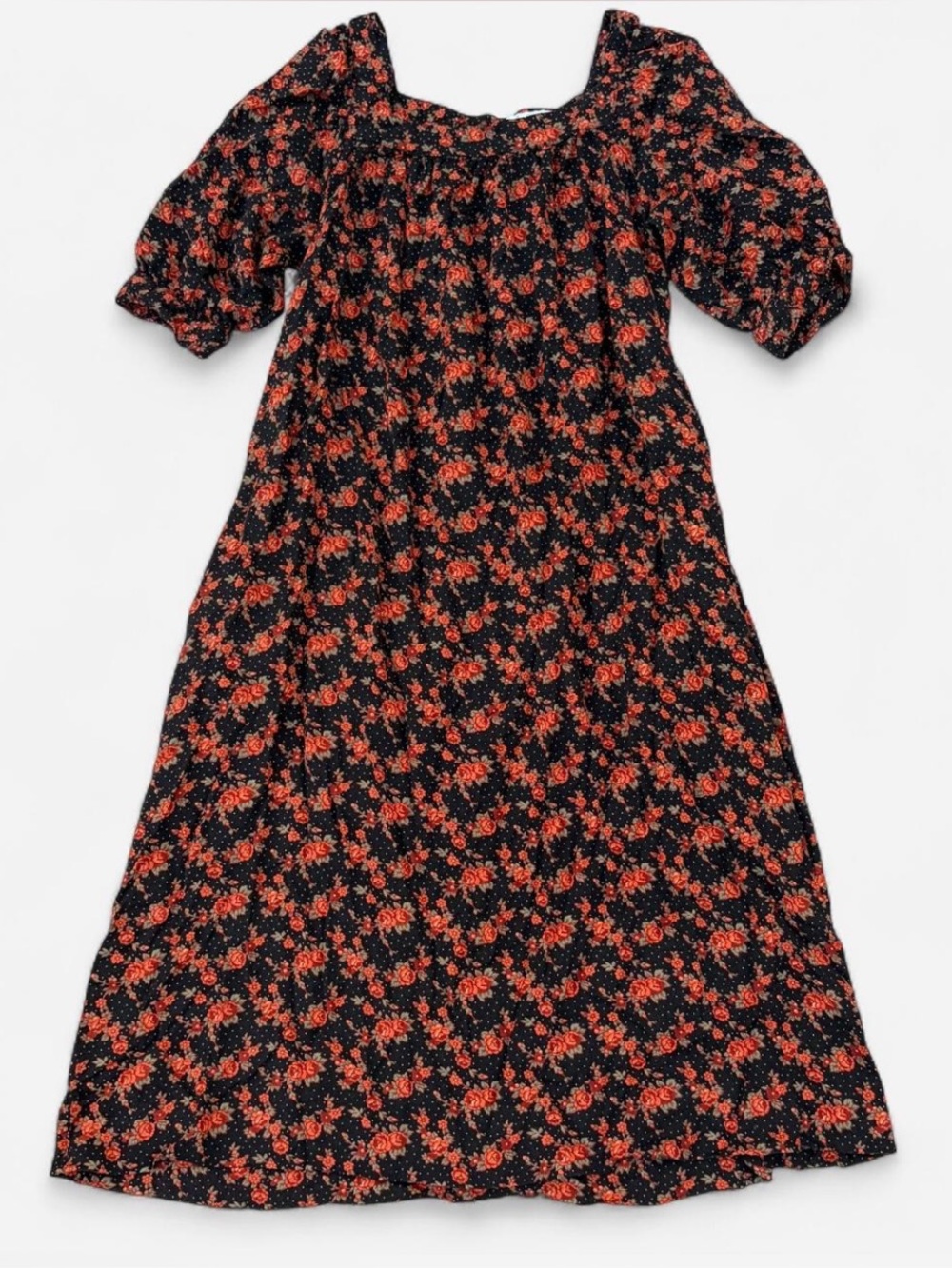 Vintage 70s Style Red & Black Floral Midi Prairie Mumu Dress, Boho Cottagecore